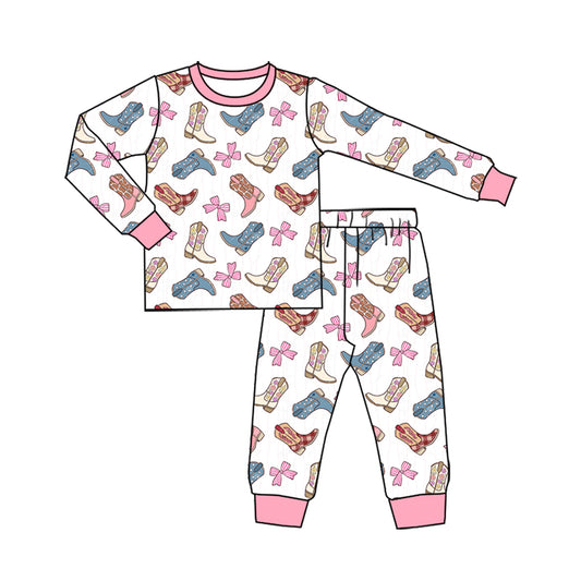 Preorder (moq 5)Baby Girls Flower Boots Bows Top Pants Western Pajamas Sets