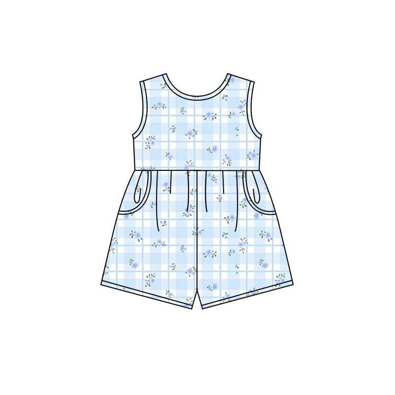 Preorder (moq 5)Baby Girls Blue Checkered Flowers Shorts Pockets Jumpsuits