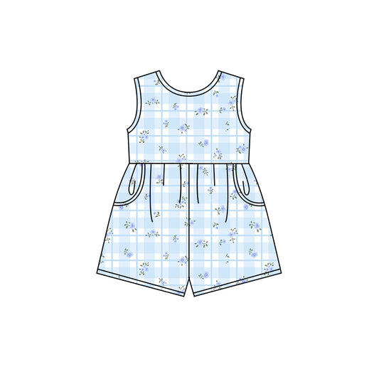 Preorder (moq 5)Baby Girls Blue Checkered Flowers Shorts Pockets Jumpsuits