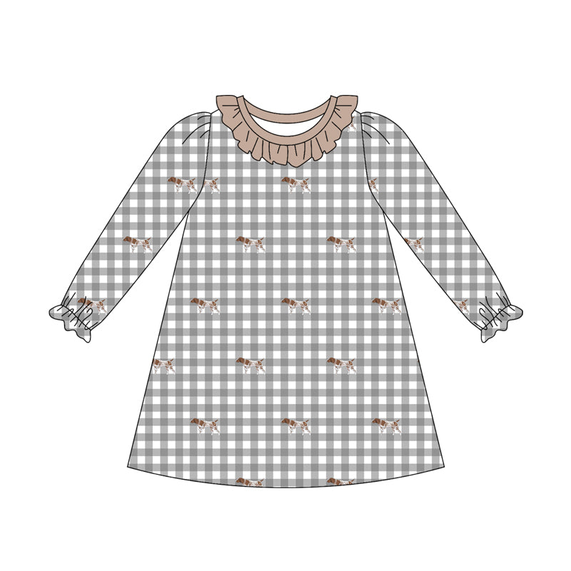 Preorder (moq 5)Baby Girls Long Ruffle Sleeve Dogs Checked Hunting Knee Length Dress