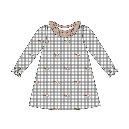 Preorder (moq 5)Baby Girls Long Ruffle Sleeve Dogs Checked Hunting Knee Length Dress
