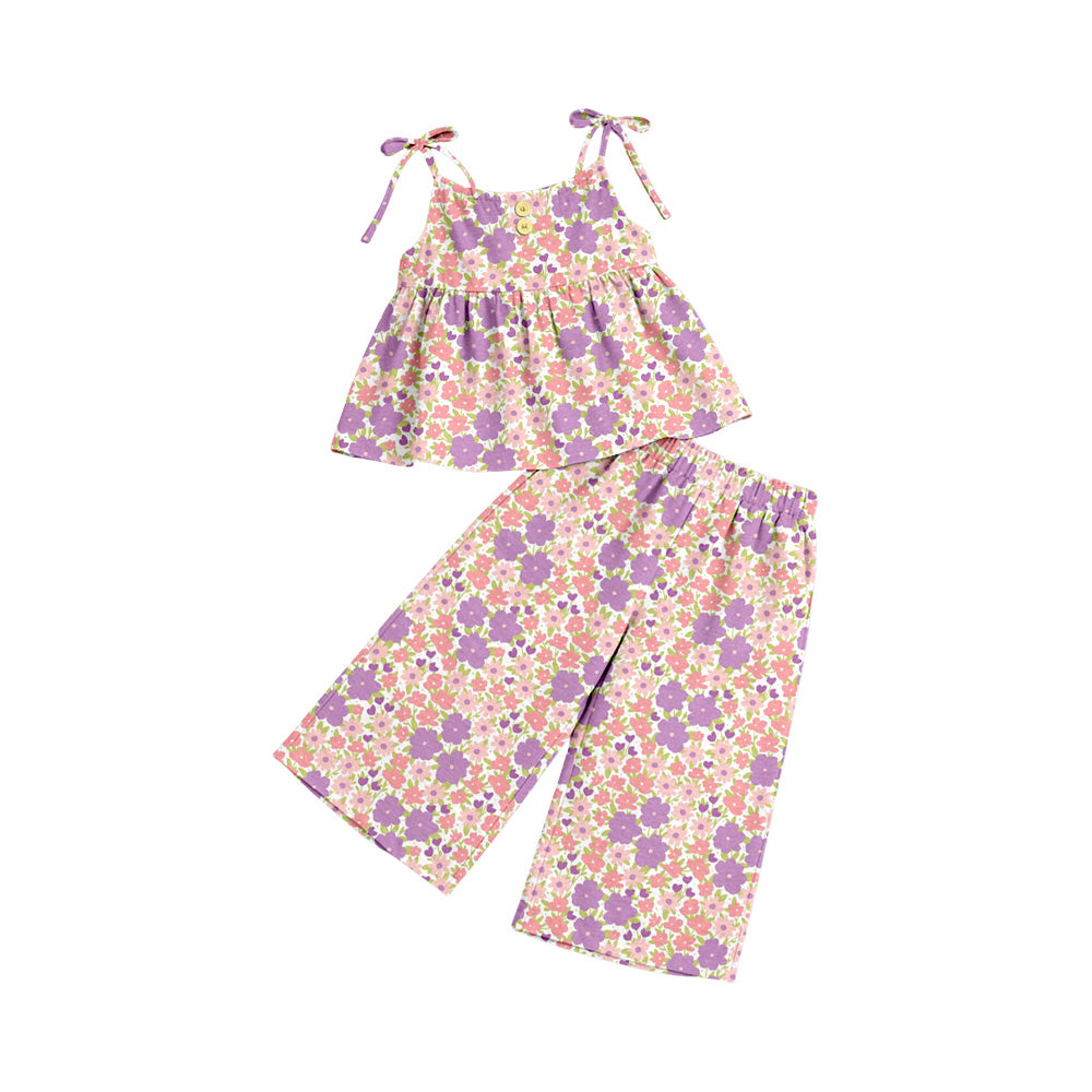 Preorder (moq 5)Baby Girls Strap Colorful Flowers Tunic Flare Pants Clothes Sets