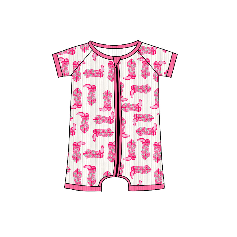 Preorder (moq 5)Baby Girls Short Sleeves Hot Pink Floral Boots Zipper Shorts Rompers