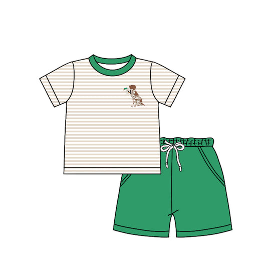 Preorder (moq 5)Baby Boys Short Sleeves Stripe Dog Duck Top Pockets Green Short Set