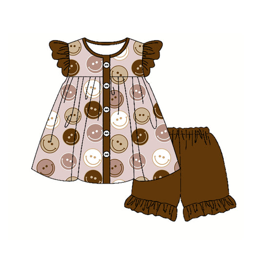 Preorder (moq 5)Baby Girls Western Brown Smile Flutter Sleeve Tunic Ruffle Shorts Clothes Sets