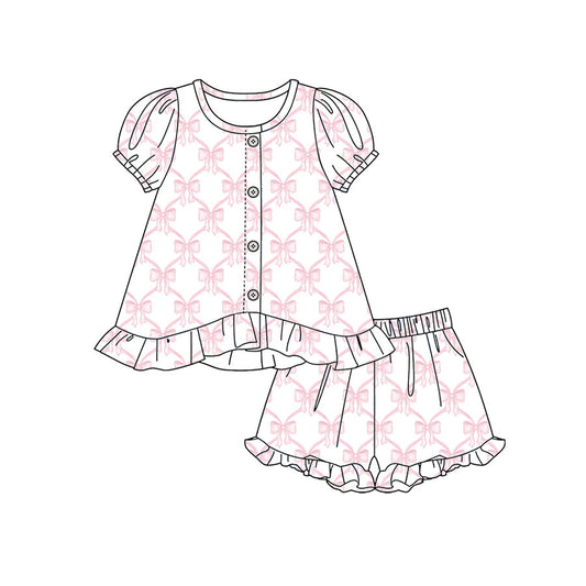 Preorder moq 5 Baby Girls Pink Bows Checked Button Tunic Ruffle Shorts Clothes Set