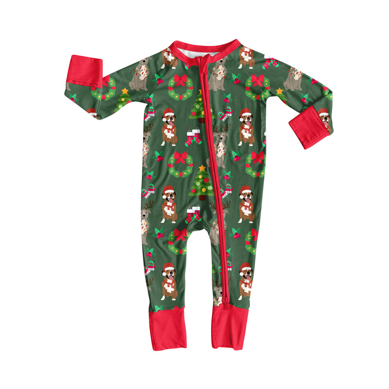 Preorder(moq 5)Baby Infant Boys Long Sleeves Christmas Trees Dogs Holly Zipper Rompers