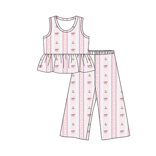 Preorder (moq 5)Baby Girls Bows Flowers Stripe Tunic Flare Pant Clothes Sets
