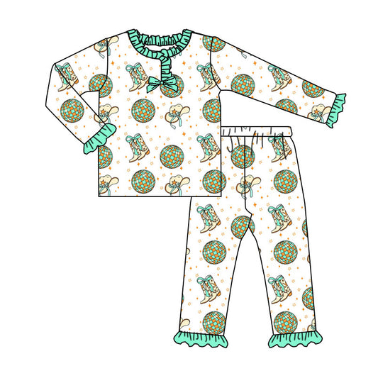 Preorder (moq 20)Baby Girls Bamboo Green Boots Balls Western Pajamas Sets