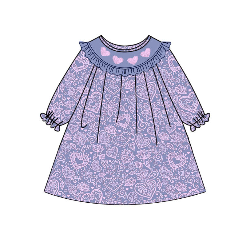 Preorder(moq 5) Baby Girls Lavender Hearts Flowers Valentine Ruffle Knee Length Dresses