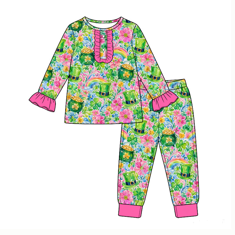 Pre-order(moq5) Baby Girl Clothes St Patrick’s Day Watercolor Gold Pot Rainbow Clover Print Long Sleeve Henley Ruffle Top Pink Cuff Jogger Pant Set