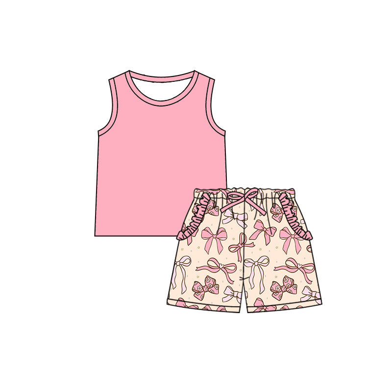 Preorder (moq 5)Baby Girls Pink Sleeveless Shirt Bows Ruffle Pockets Shorts Clothes Sets