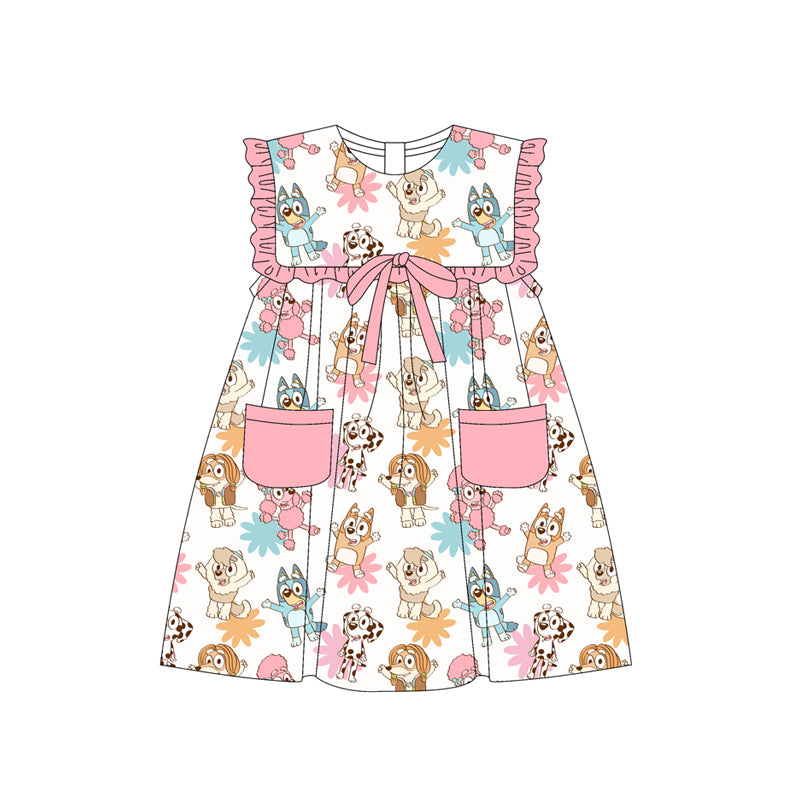 Preorder (moq 5)Baby Girls Pink Sleeveless Cartoon Dogs Flowers Pockets Knee Length Dresses