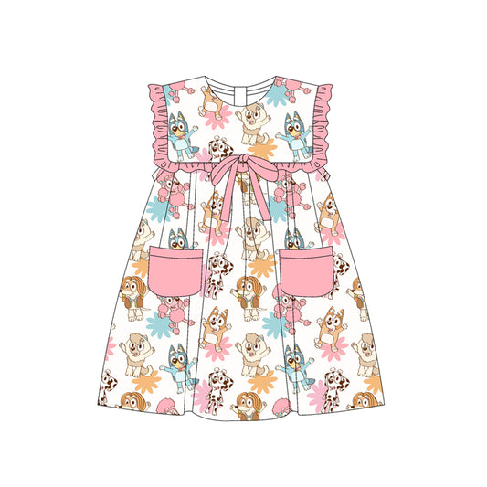 Preorder (moq 5)Baby Girls Pink Sleeveless Cartoon Dogs Flowers Pockets Knee Length Dresses