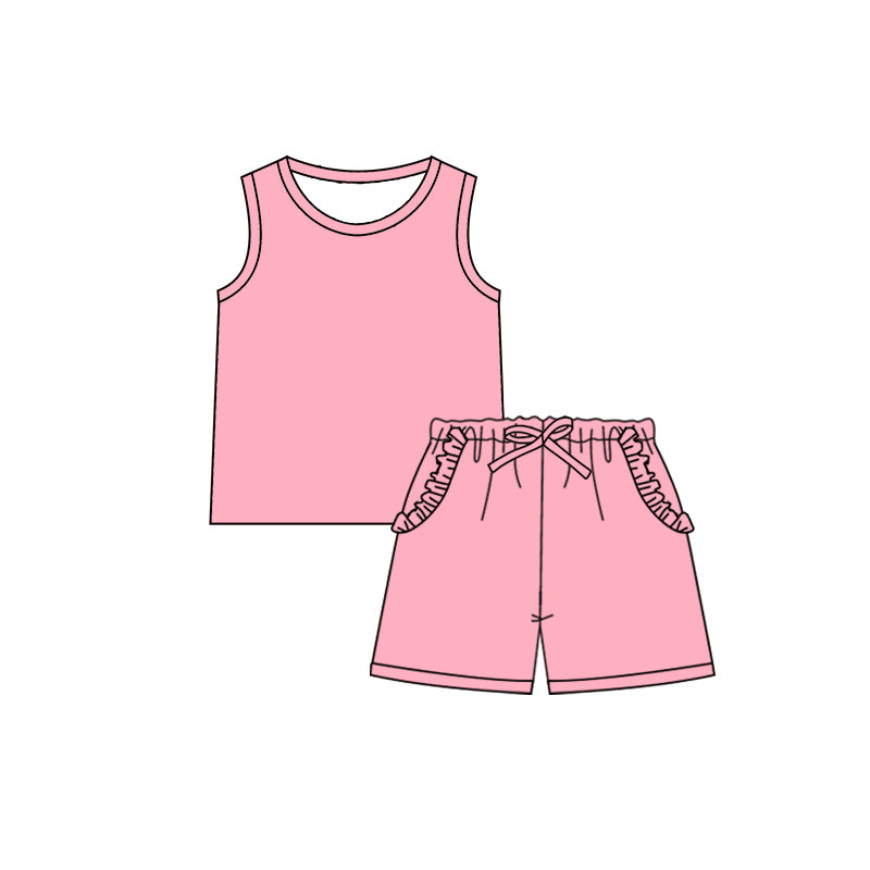 Preorder (moq 5)Baby Girls Pink Sleeveless Shirt Ruffle Pockets Shorts Clothes Sets