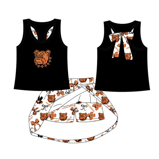 moq 5 preorder Baby Girls Black Sleeveless Bulldogs Vest Top Bows Plaid Short Skirts Team Set