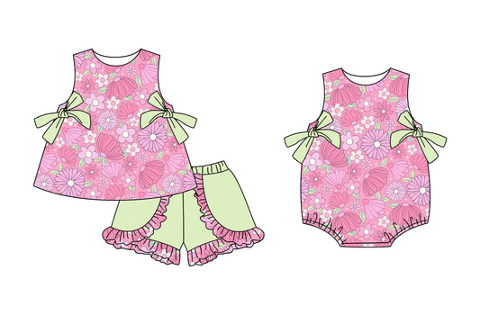 Preorder moq 5 Custom Baby Girls Sleeveless Pink Daisy Flowers Bows Tunic Aqua Ruffle Short Set Rompers