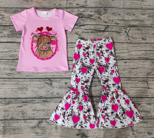 Baby Girls Valentines Cow Shirt Heart Bell Pants Clothes Sets