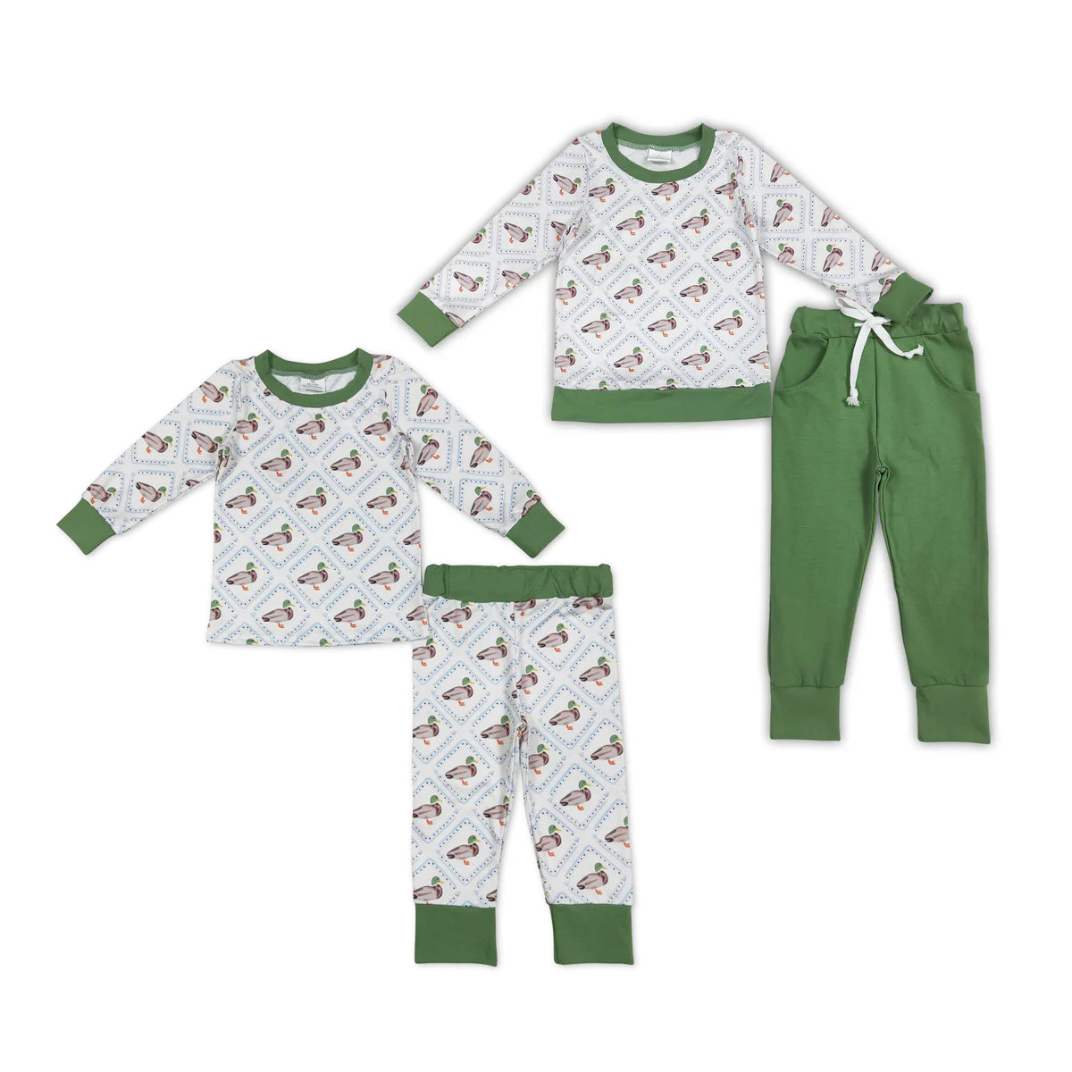 Sibling Baby Boys Long Sleeves Green Ducks Plaid Top Pants Western Set