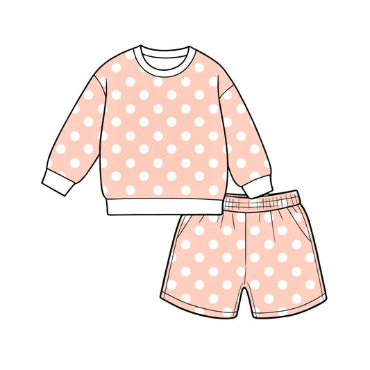 Preorder (moq 5)Baby Girls Peach Polka Dots Long Sleeve Top Pockets Short Clothes Set