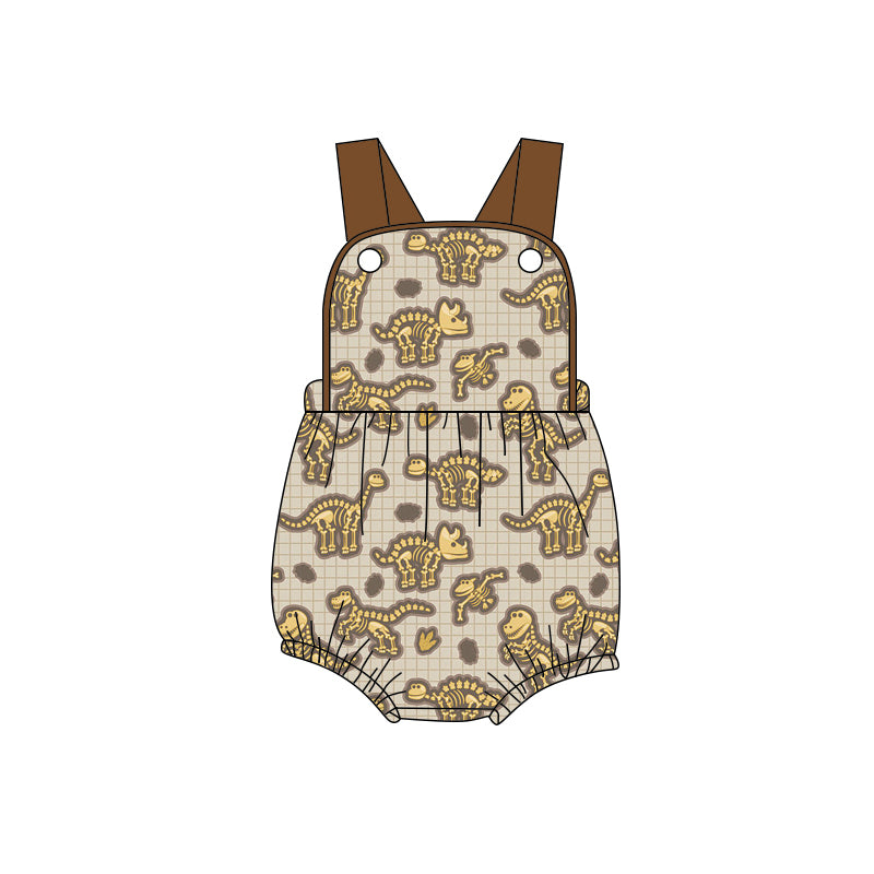 preorder(moq 5) Baby Boys Khaki Strap Checked Dinosaurs Hunting Rompers