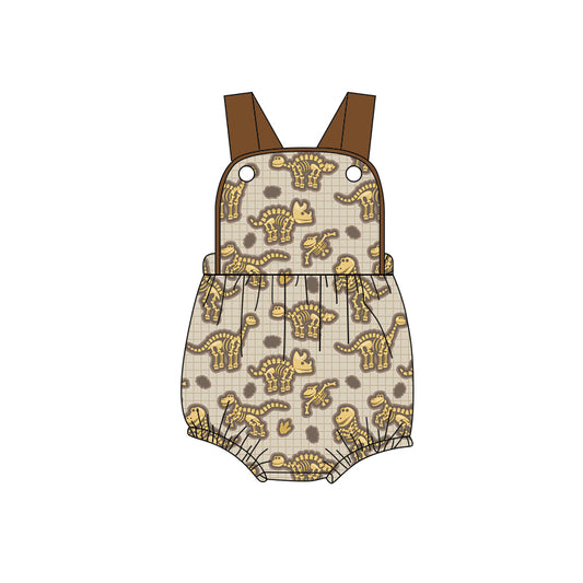 preorder(moq 5) Baby Boys Khaki Strap Checked Dinosaurs Hunting Rompers