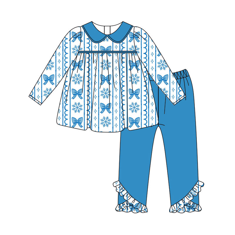 Preorder (moq 5)Baby Girls Bows Snowflakes Stripe Tunic Ruffle Pant Christmas Clothes Set