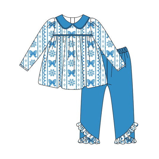 Preorder (moq 5)Baby Girls Bows Snowflakes Stripe Tunic Ruffle Pant Christmas Clothes Set