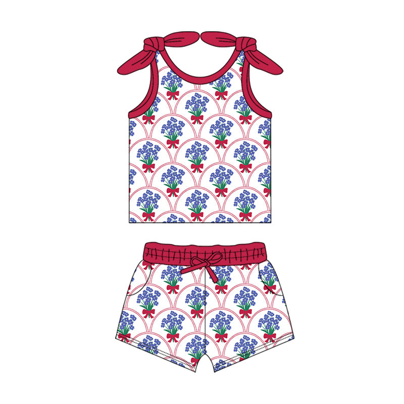 Preorder (moq 5)Baby Girls Blue Flowers Bows Summer Shirt Top Shorts Clothes Sets