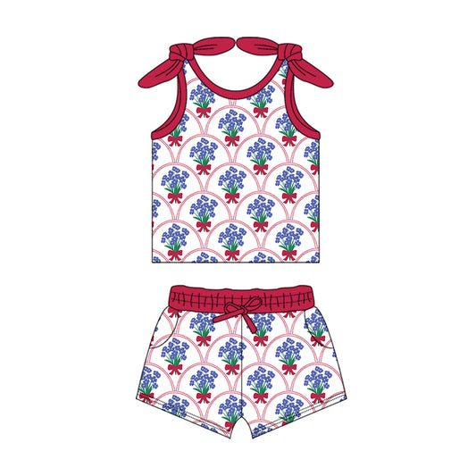 Preorder (moq 5)Baby Girls Blue Flowers Bows Summer Shirt Top Shorts Clothes Sets