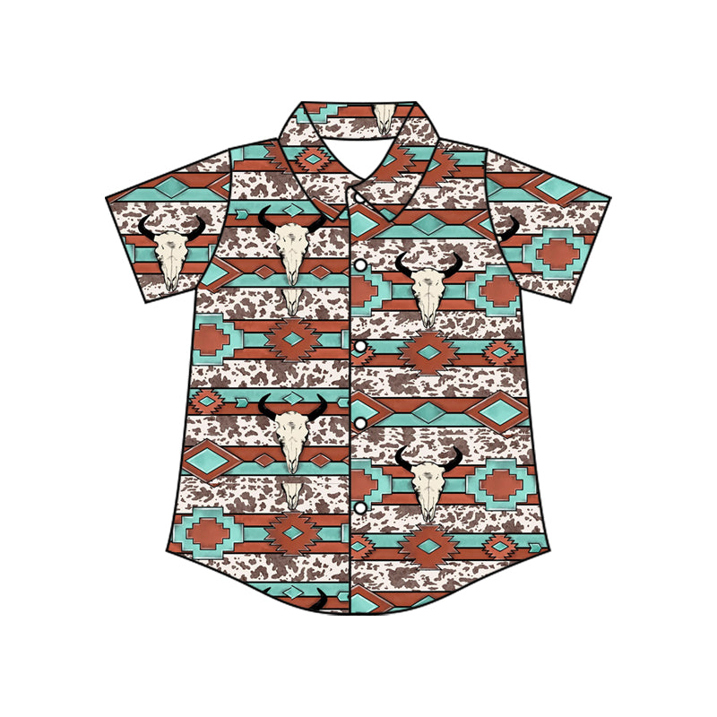 Preorder moq 10 Baby Boys Short Sleeves Aztec Bull Skull Cow Print Button Shirts Top