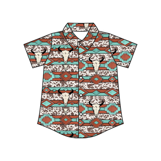 Preorder moq 10 Baby Boys Short Sleeves Aztec Bull Skull Cow Print Button Shirts Top