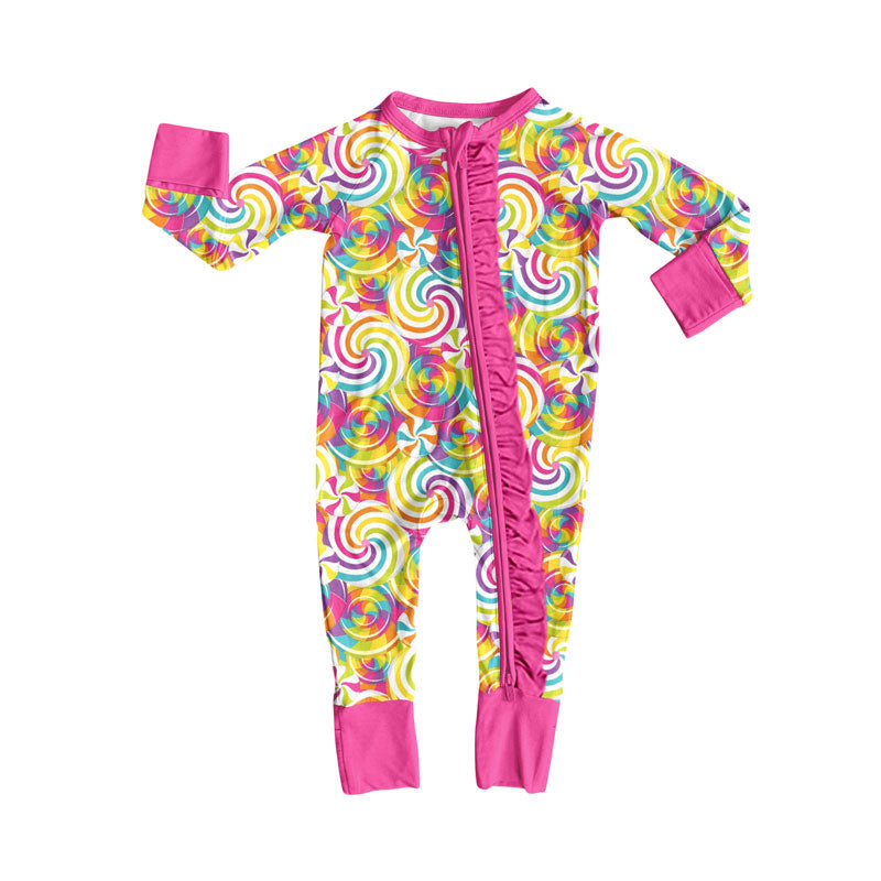 Preorder (moq 5)Baby Girls Pink Colorful Candy Ruffle Zipper Footie Rompers