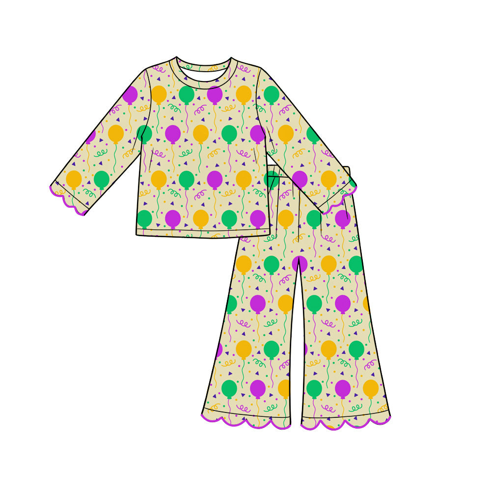Preorder (moq 5) Girl Clothes Mardi Gras Balloon Confetti Print Scalloped Long Sleeve Flare Pajama Set