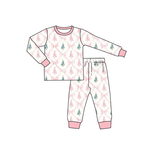 Preorder (moq 5)Baby Girls Long Sleeves Pink Bows Trees Plaid Top Pant Pajamas Set