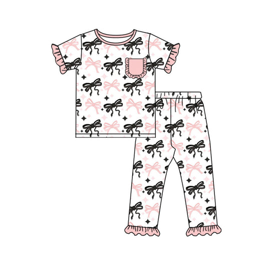 Preorder(moq 5) Baby Girls Pink Black Stars Bows Plaid Pocket Top Ruffle Pants Pajamas Sets