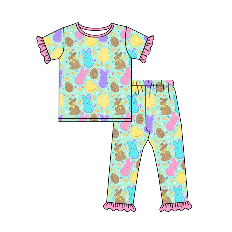 Preorder(moq 8)Baby Girls Rabbits Ice Cream Top Ruffle Pants Easter Pajamas Sets