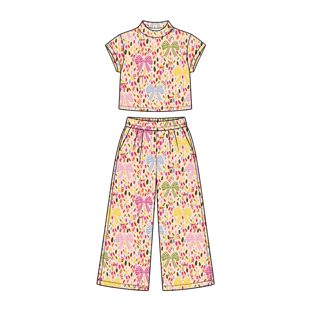 Preorder (moq 5) Baby Girl Clothes Confetti Bow Print Short Sleeve Mock Neck Crop Top Wide Leg Pants Set