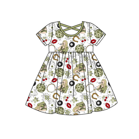 Preorder(moq 5) Baby Girls Short Sleeve Green Clovers Singers St Patrick Knee Length Dresses