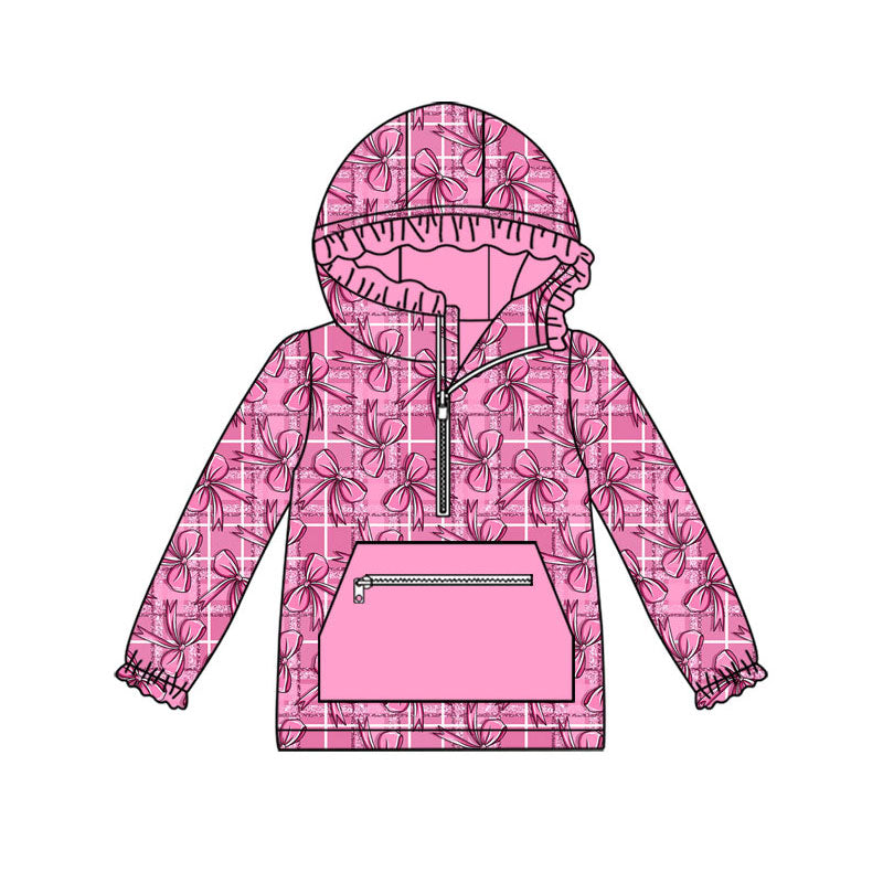 Preorder (moq 5)Baby Girls Pink Checked Bows Zip Pocket Ruffle Hoodies Top