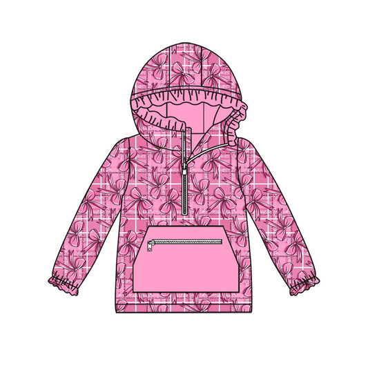 Preorder (moq 5)Baby Girls Pink Checked Bows Zip Pocket Ruffle Hoodies Top
