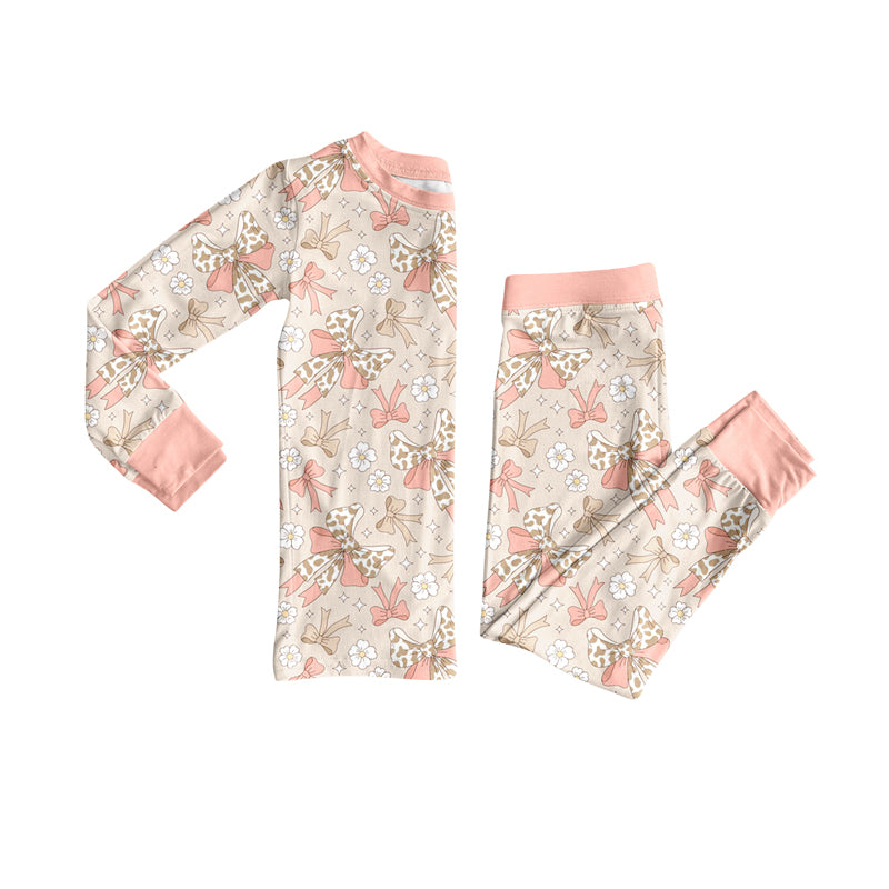 Preorder (moq 5)Baby Girls Peach Camo Bows Flowers Plaid Top Pant Pajamas Set