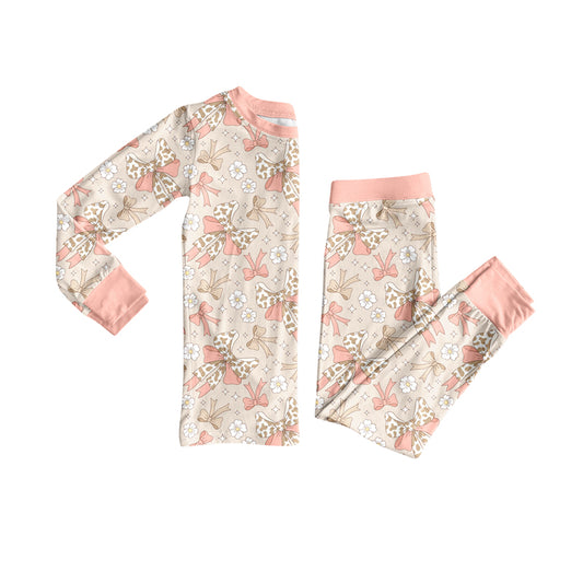 Preorder (moq 5)Baby Girls Peach Camo Bows Flowers Plaid Top Pant Pajamas Set