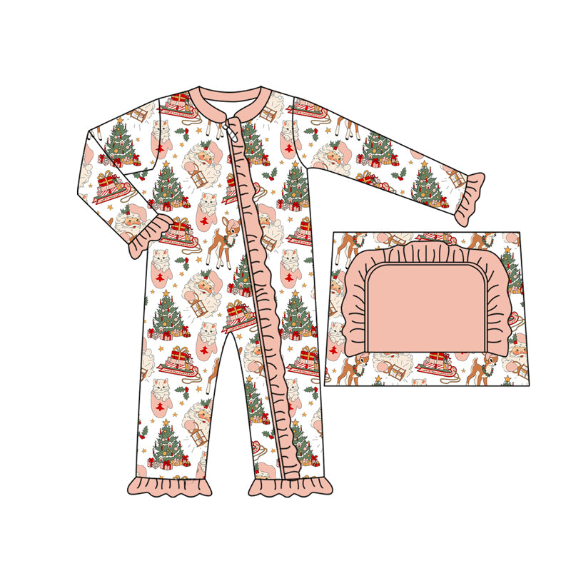 Preorder moq 5 Baby Infant Girls Long Sleeves Deer Santa Trees Ruffle Zipper Romper