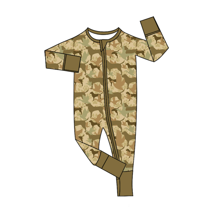 Preorder (moq 5)Baby Boys Dogs Ducks Camo Hunting Two Way Zip Convertible Rompers