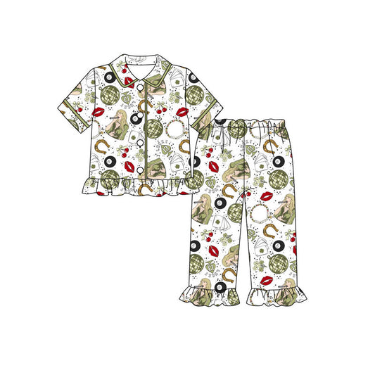 Preorder(moq 5) Baby Girls Green Clovers Singer Button Top Ruffle Pants St Patrick Pajamas Sets