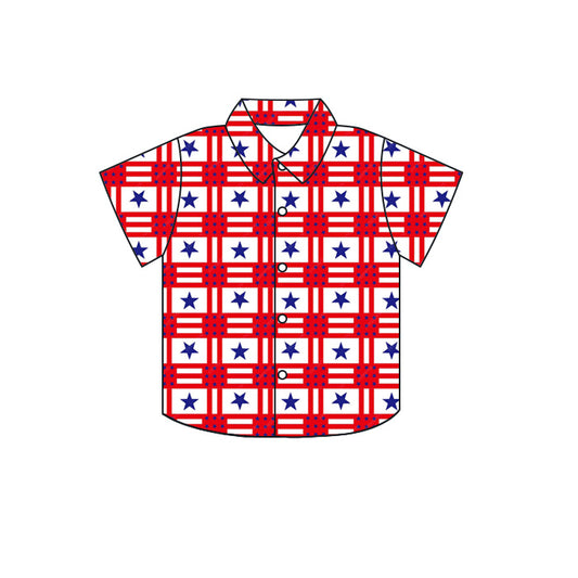 Preorder moq 5 Baby Boys Short Sleeve Flags Checked 4th of July Button Shirts Top