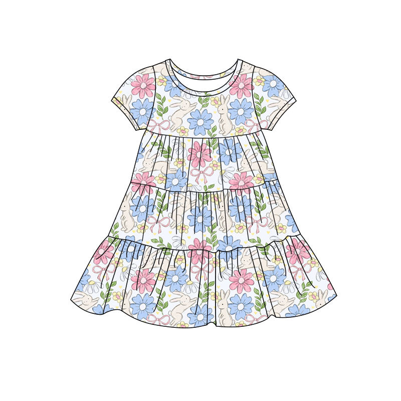 Preorder(moq 5) Baby Girls Colorful Floral Rabbits Easter Patchwork Ruffle Knee Length Dresses