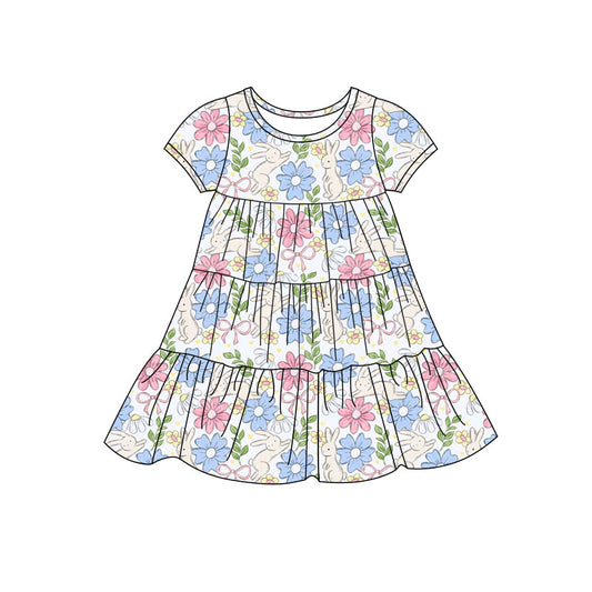 Preorder(moq 5) Baby Girls Colorful Floral Rabbits Easter Patchwork Ruffle Knee Length Dresses