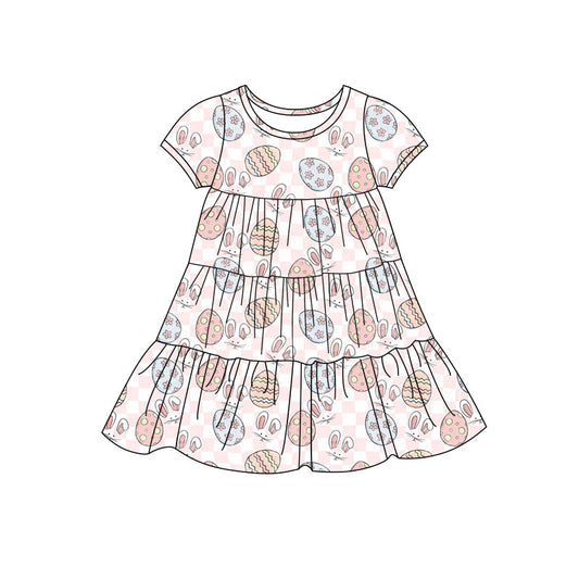 Preorder(moq 5) Baby Girls Pink Checked Eggs Rabbits Easter Patchwork Ruffle Knee Length Dresses